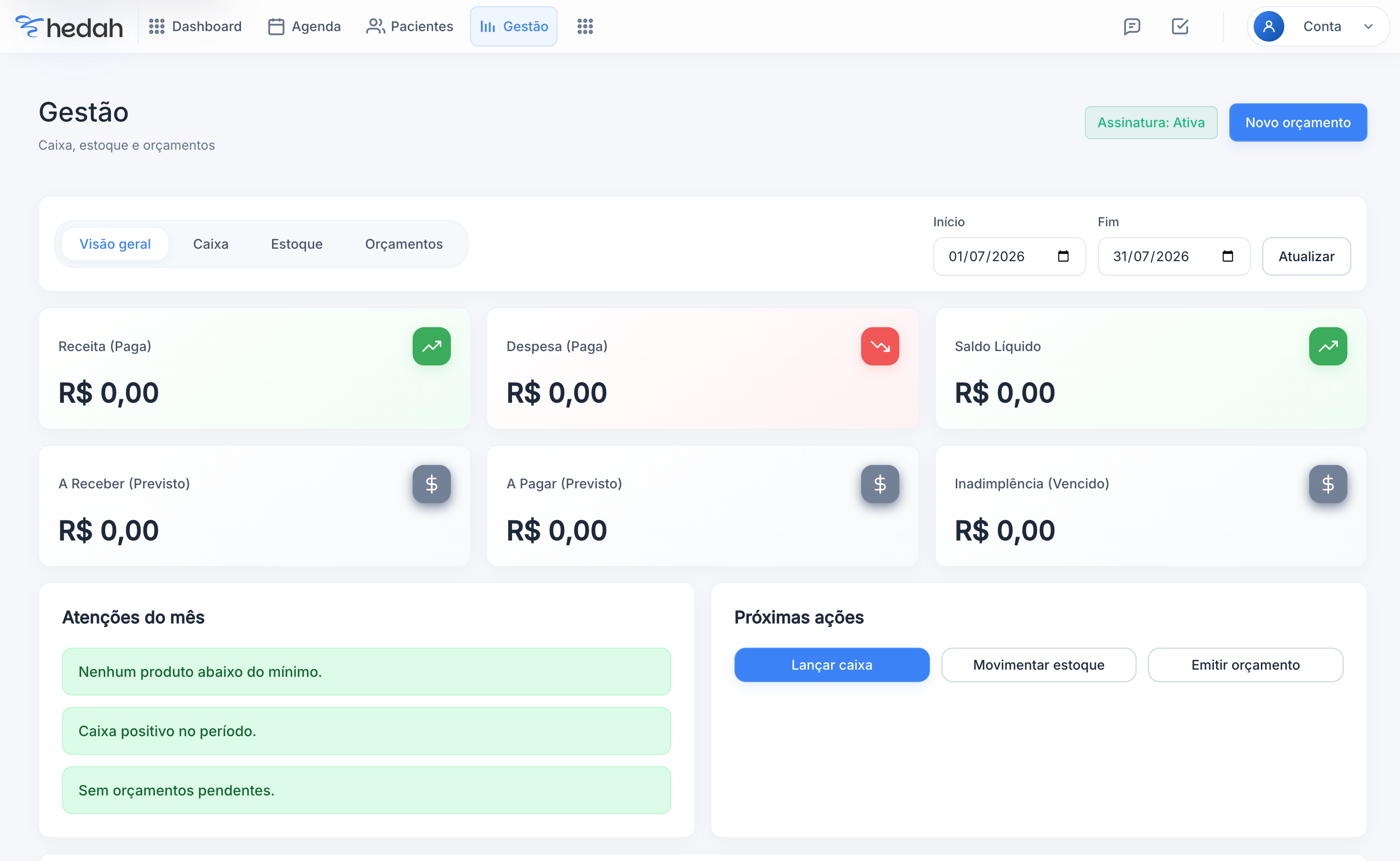 Tela de agenda da Hedah Clinic com calendário e horários por profissional